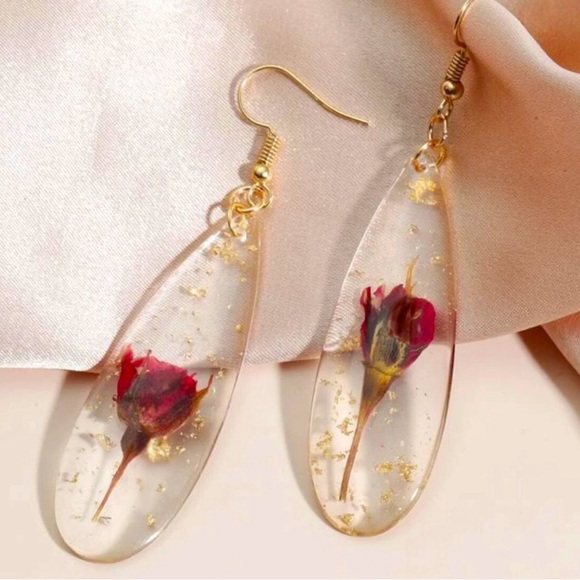 Jewelry - Red Rose Pressed Preserved Dried Flower Gold Flake Tear Clear Romantic Earrings